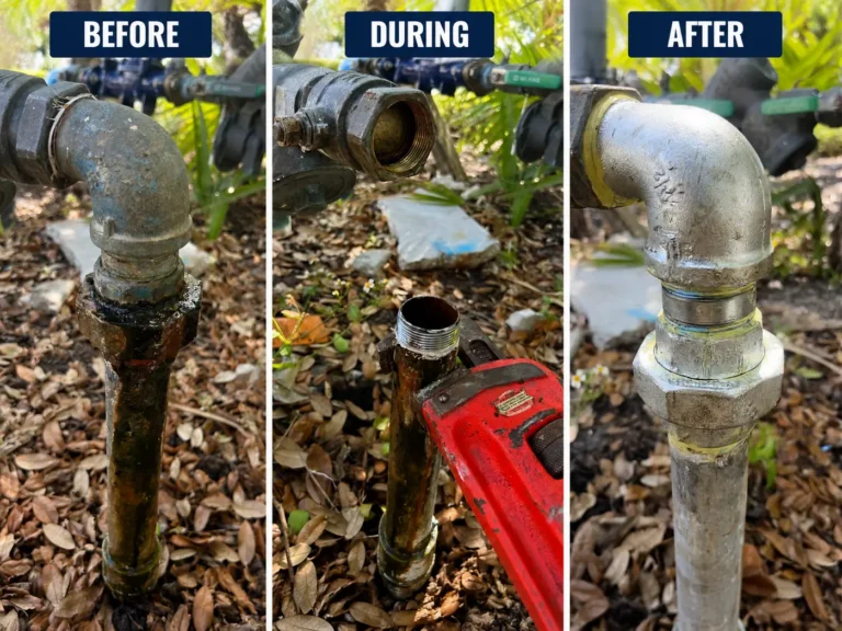 Pipe repair by The Clog Father Plumbing shown before, during and after