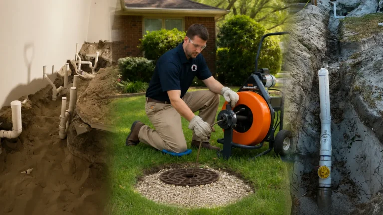 The Clog Father Plumbing technician clearing a sewer line through an outdoor cleanout, with exposed drain piping in an excavated trench