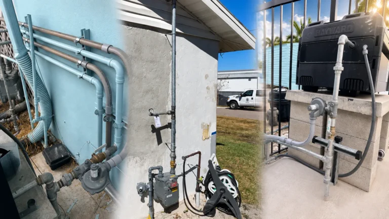 Gas line installation and repair by The Clog Father Plumbing, showing exterior gas piping and regulators, a gas meter with riser, and a gas line connected to a pool heater