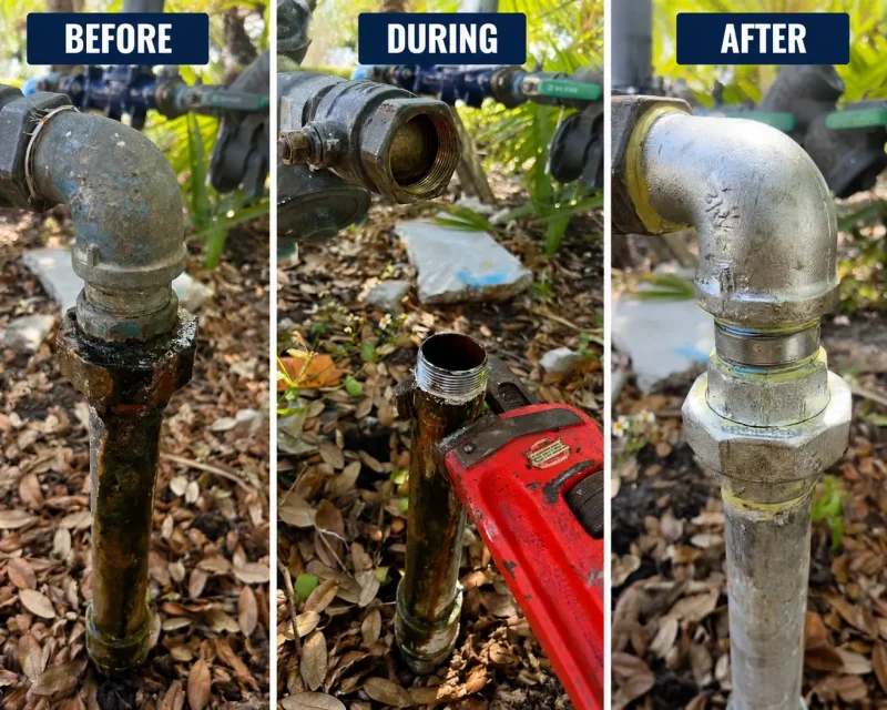 Pipe repair by The Clog Father Plumbing shown before, during and after