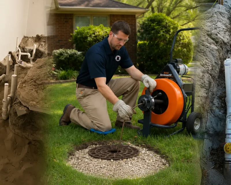The Clog Father Plumbing technician clearing a sewer line through an outdoor cleanout, with exposed drain piping in an excavated trench