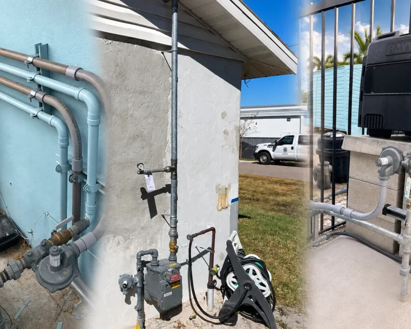 Gas line installation and repair by The Clog Father Plumbing, showing exterior gas piping and regulators, a gas meter with riser, and a gas line connected to a pool heater
